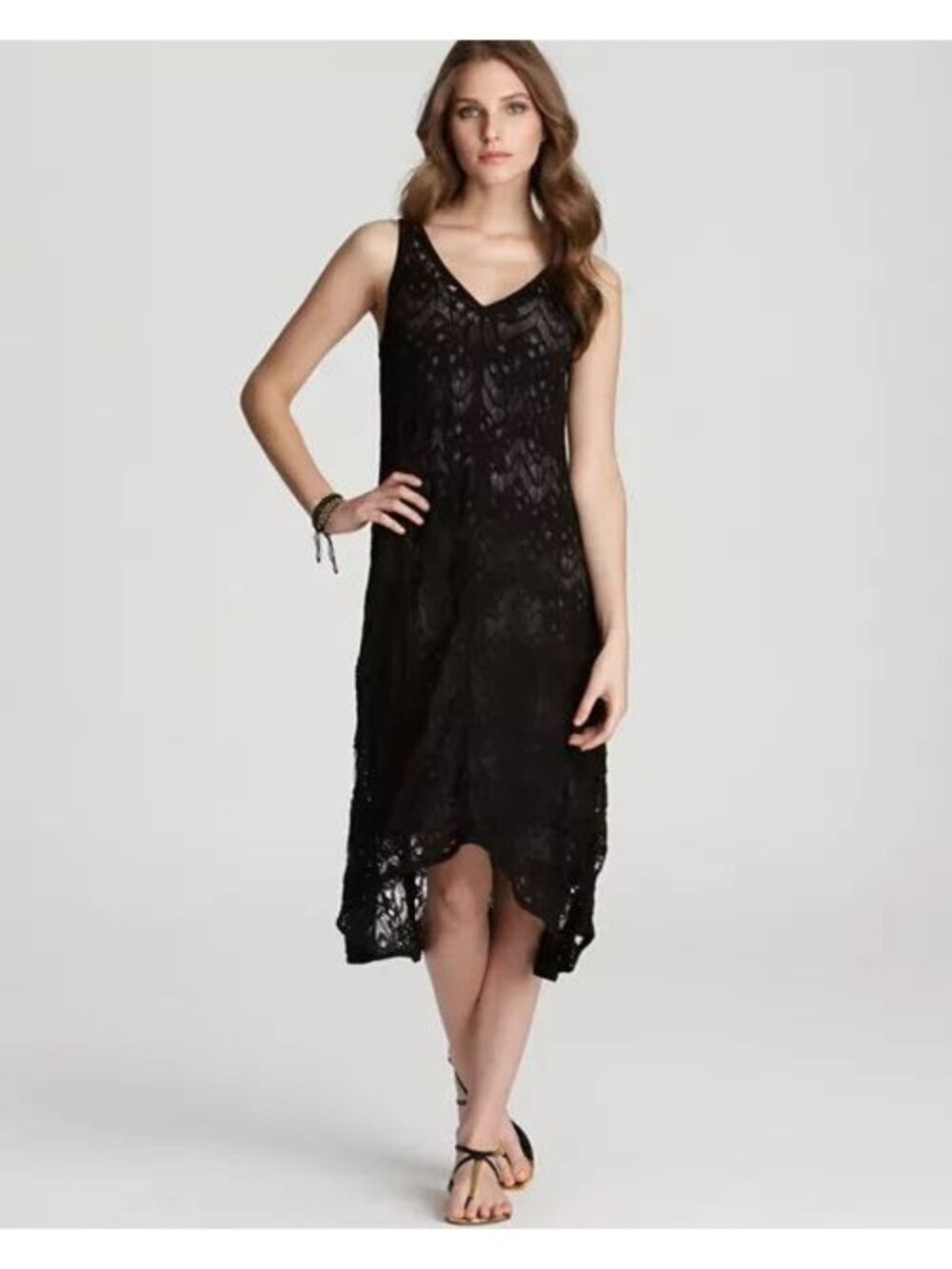 NWT Eileen Fisher Black Crinkle Lace Dress with Slip Women Size L (MRSP$378)